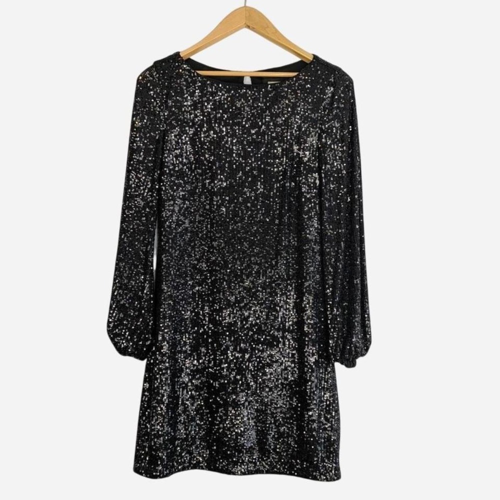 Alexia Admor Val Sequin Long Sleeve Shift‎ Mini Dress Black Small